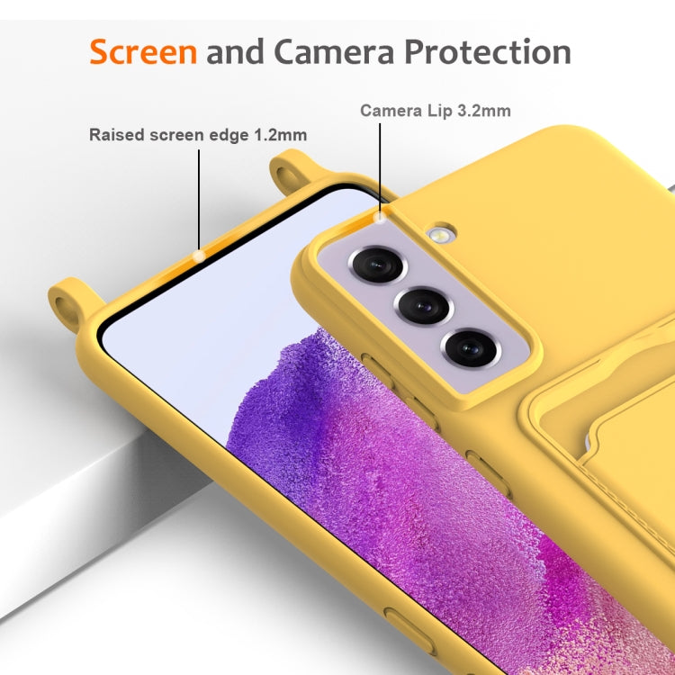 For Samsung Galaxy S21 FE 5G Integrated Card Bag Solid Color Liquid Silicone Phone Case with Lanyard
