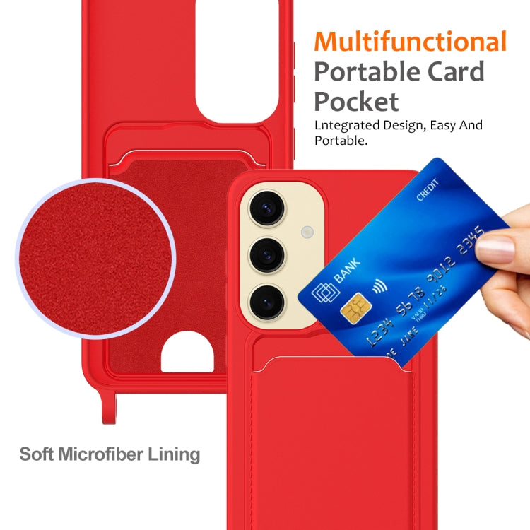 For Samsung Galaxy S23 FE 5G Integrated Card Bag Solid Color Liquid Silicone Phone Case with Lanyard