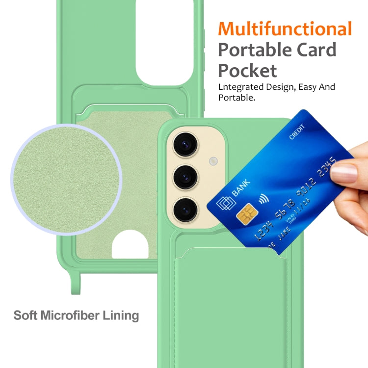 For Samsung Galaxy S23 FE 5G Integrated Card Bag Solid Color Liquid Silicone Phone Case with Lanyard
