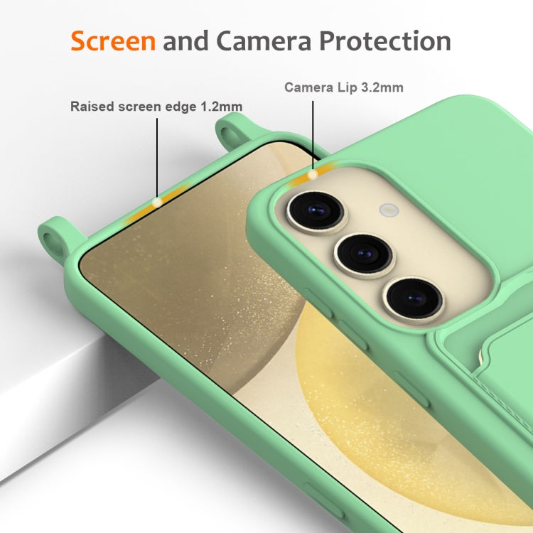 For Samsung Galaxy S23 FE 5G Integrated Card Bag Solid Color Liquid Silicone Phone Case with Lanyard