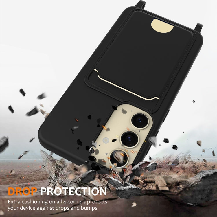 For Samsung Galaxy S23 FE 5G Integrated Card Bag Solid Color Liquid Silicone Phone Case with Lanyard
