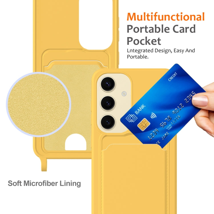 For Samsung Galaxy S23 FE 5G Integrated Card Bag Solid Color Liquid Silicone Phone Case with Lanyard