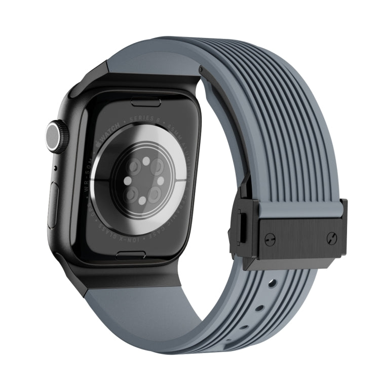 For Apple Watch Series 10 46mm Vertical Texture Black Buckle Elastic Silicone Watch Band