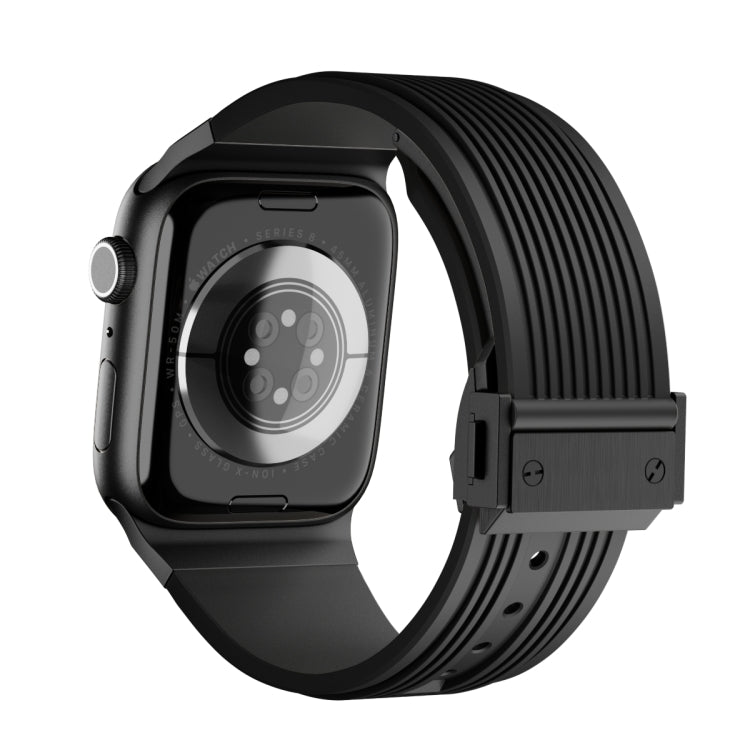 For Apple Watch Series 10 42mm Vertical Texture Black Buckle Elastic Silicone Watch Band