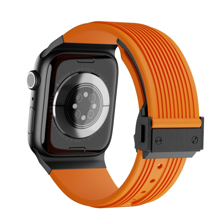 For Apple Watch Series 10 42mm Vertical Texture Black Buckle Elastic Silicone Watch Band