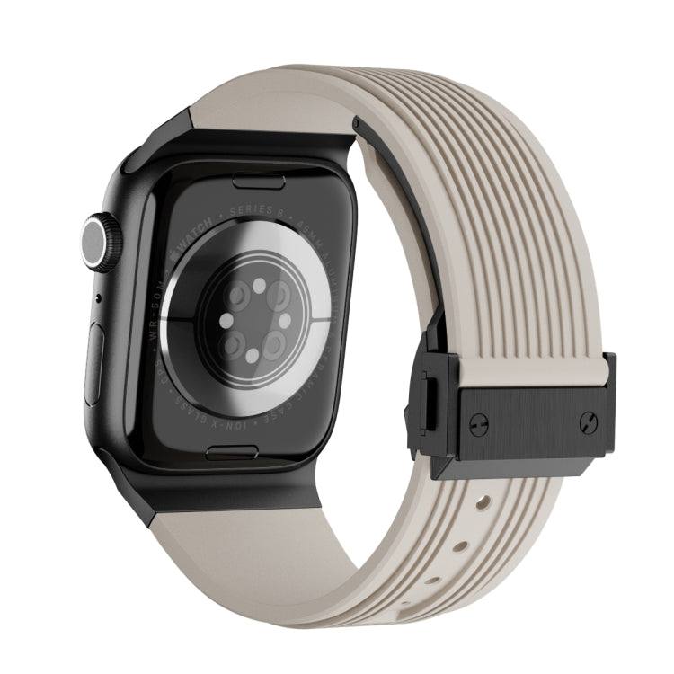 For Apple Watch Series 10 42mm Vertical Texture Black Buckle Elastic Silicone Watch Band