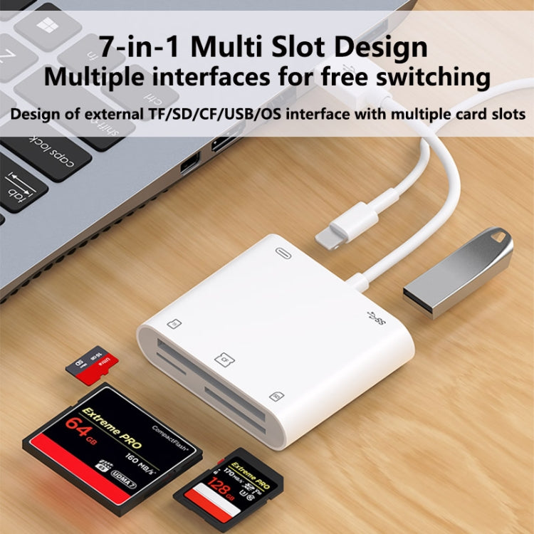 7 in 1 USB 3.0 + 8 Pin Interface Multi-function OTG Card Reader - White