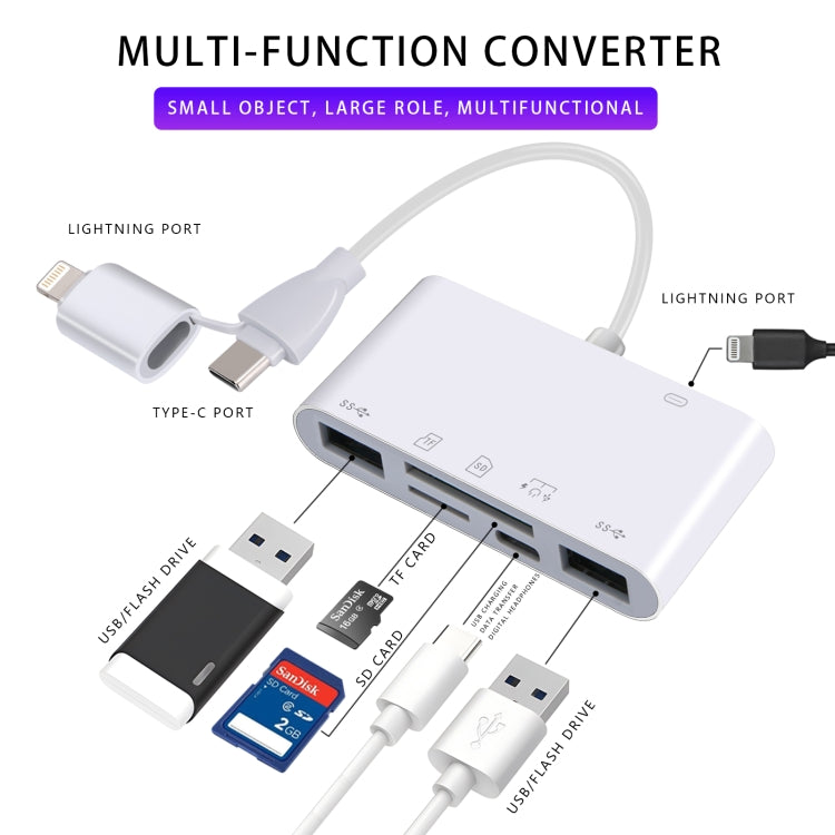 AJ-108PRO 6 in 2 USB-C / Type-C + 8 Pin Interface Multi-function Camera Card Reader - White