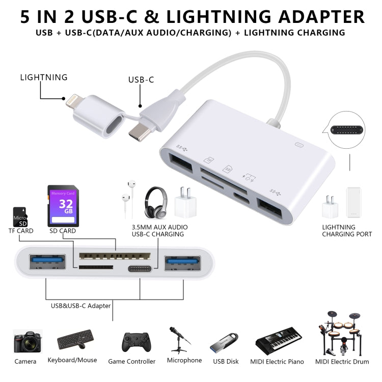 AJ-108PRO 6 in 2 USB-C / Type-C + 8 Pin Interface Multi-function Camera Card Reader - White
