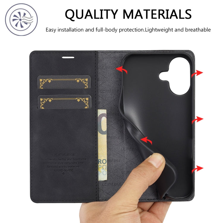 For iPhone 16 Plus LC.IMEEKE Strong Magnetism Microfiber Leather Phone Case