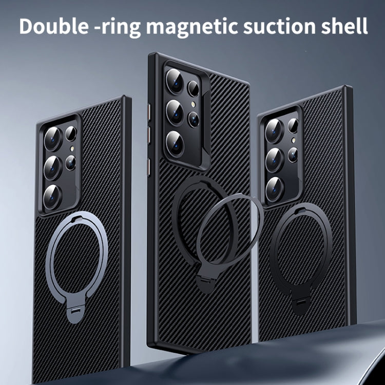 For Samsung Galaxy S24 Ultra 5G Double Ring MagSafe Holder Carbon Fibre Phone Case