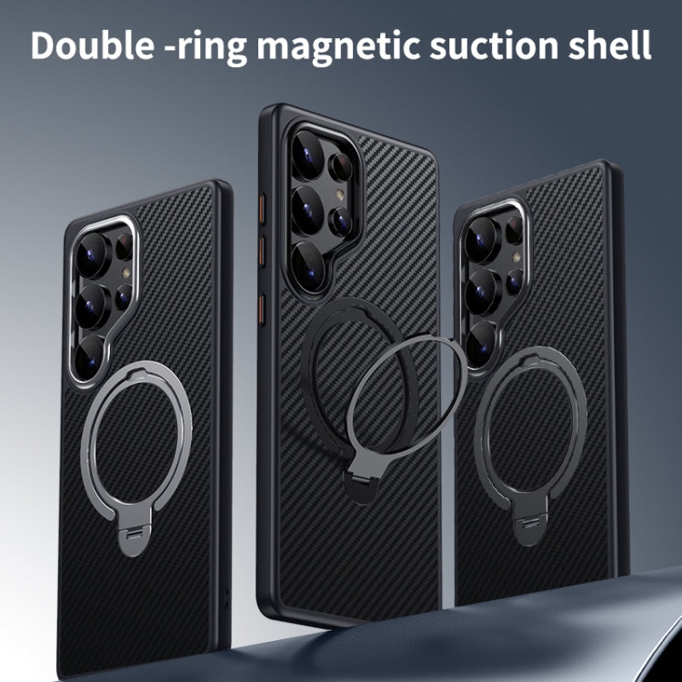 For Samsung Galaxy S25 Ultra 5G Double Ring MagSafe Holder Carbon Fibre Phone Case