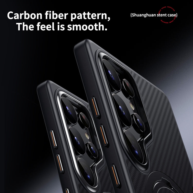 For Samsung Galaxy S25 Ultra 5G Double Ring MagSafe Holder Carbon Fibre Phone Case