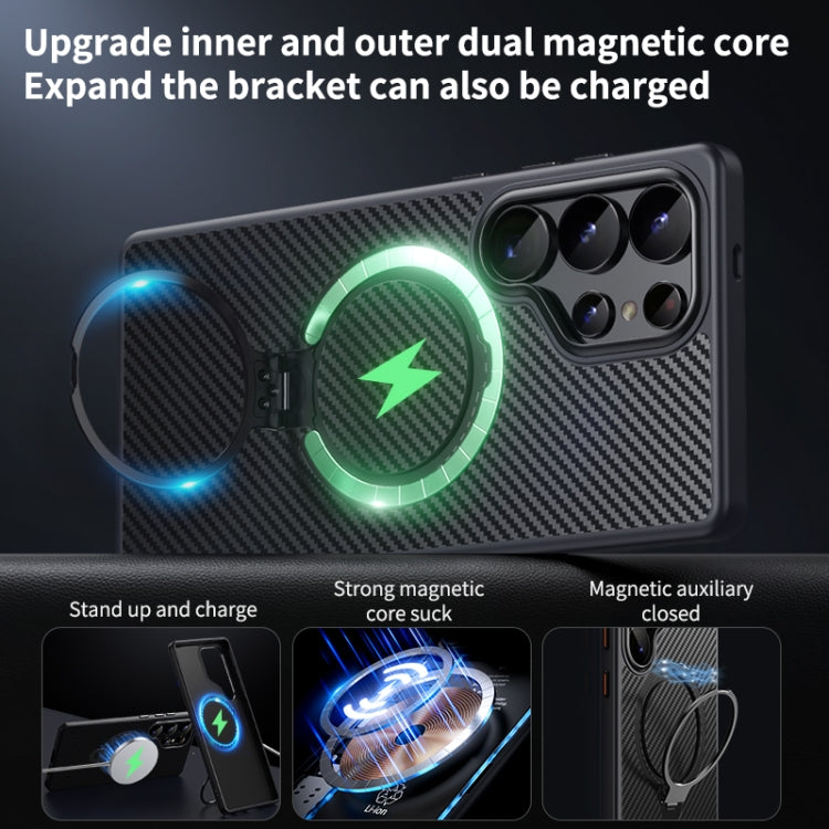 For Samsung Galaxy S25 Ultra 5G Double Ring MagSafe Holder Carbon Fibre Phone Case
