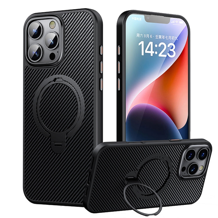 For iPhone 16 Pro Double Ring MagSafe Holder Carbon Fiber Phone Case