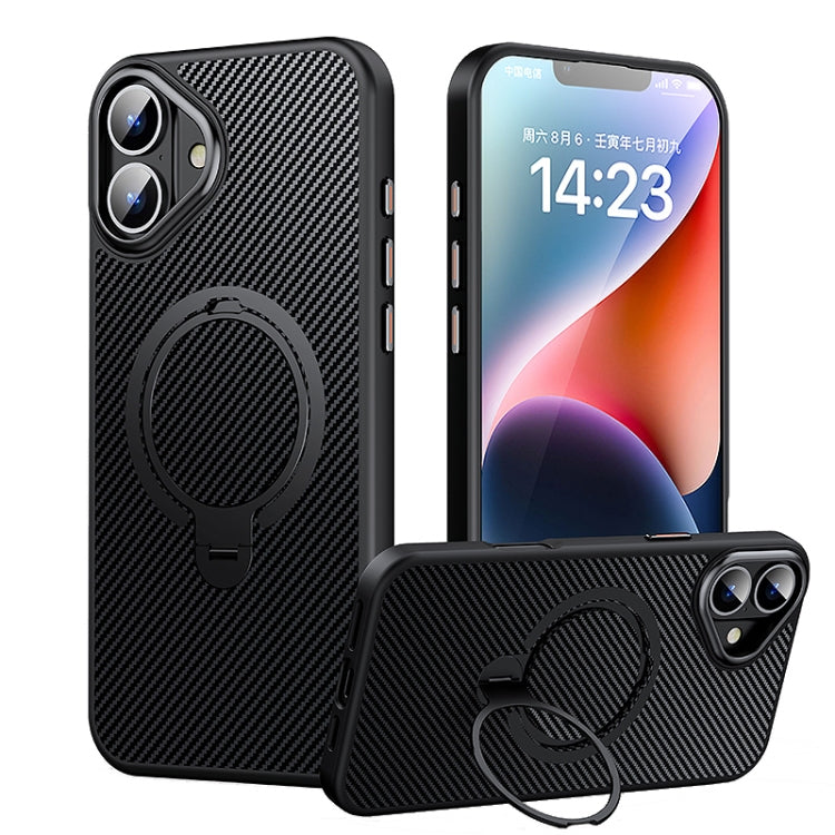 For iPhone 16 Plus Double Ring MagSafe Holder Carbon Fiber Phone Case