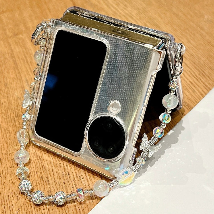 For OPPO Find N3 Flip Feather Butterfly Pattern PC Side Buckle Full Coverage Shockproof Phone Case with Bracelet