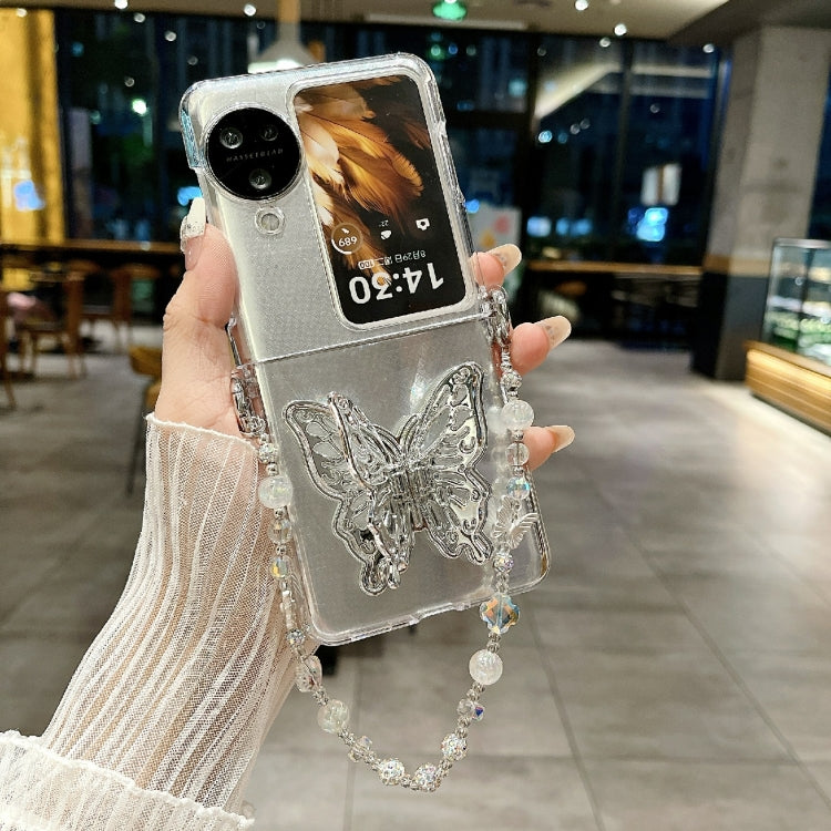 For OPPO Find N3 Flip Feather Butterfly Pattern PC Side Buckle Full Coverage Shockproof Phone Case with Bracelet