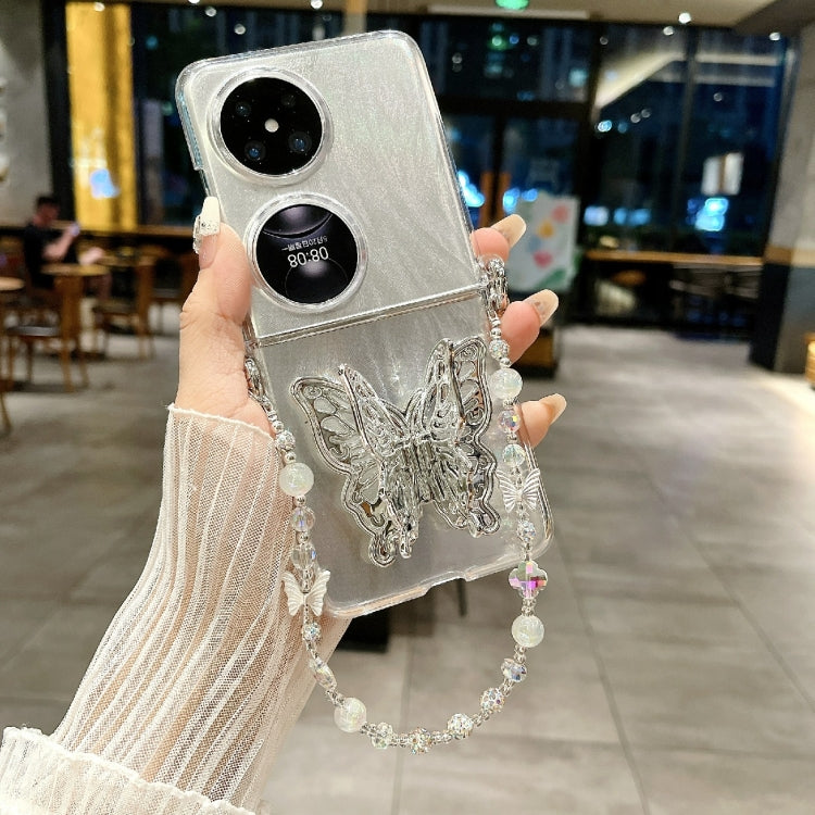 For Huawei P50 Pocket Feather Butterfly Pattern PC Side Buckle Full Coverage Shockproof Phone Case with Bracelet