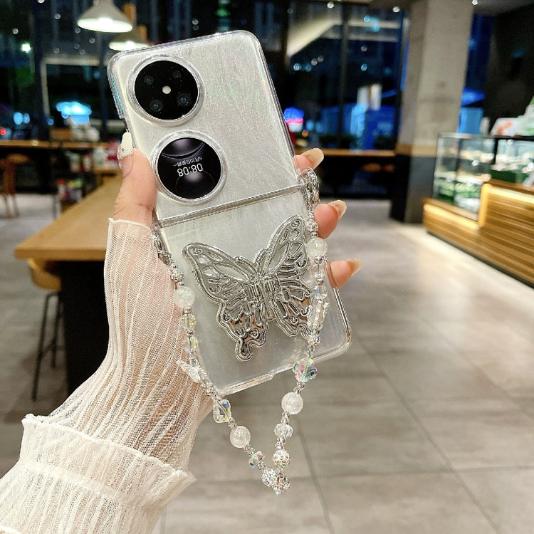 For Huawei Pocket 2 Feather Butterfly Pattern PC Side Buckle Full Coverage Shockproof Phone Case with Bracelet