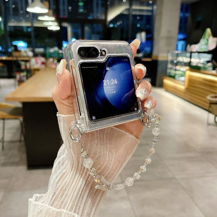 For Samsung Galaxy Z Flip5 5G Feather Butterfly Pattern PC Side Buckle Full Coverage Shockproof Phone Case with Bracelet