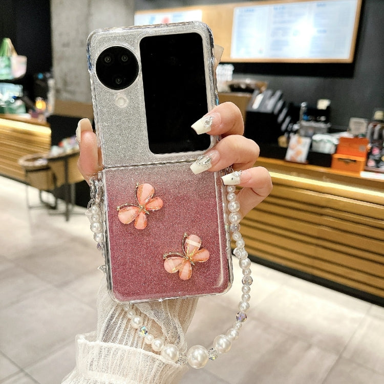 For OPPO Find N3 Flip Glitter Powder 3D Butterfly PC Side Buckle Full Coverage Shockproof Phone Case with Pearl Bracelet