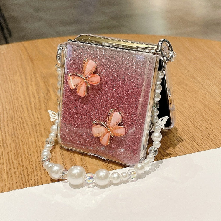 For OPPO Find N3 Flip Glitter Powder 3D Butterfly PC Side Buckle Full Coverage Shockproof Phone Case with Pearl Bracelet