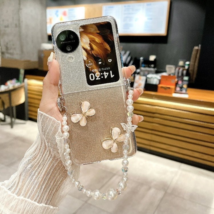 For OPPO Find N3 Flip Glitter Powder 3D Butterfly PC Side Buckle Full Coverage Shockproof Phone Case with Pearl Bracelet