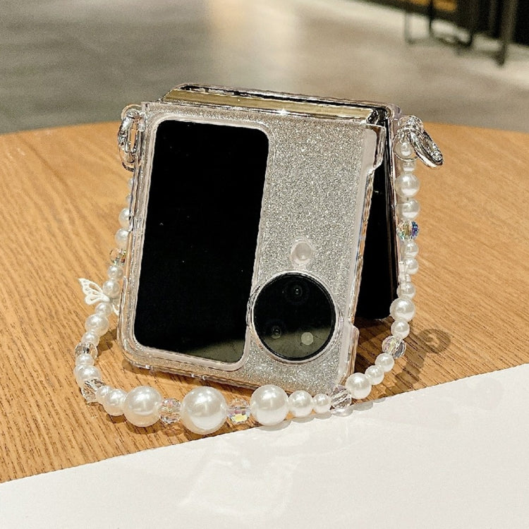For OPPO Find N3 Flip Glitter Powder 3D Butterfly PC Side Buckle Full Coverage Shockproof Phone Case with Pearl Bracelet