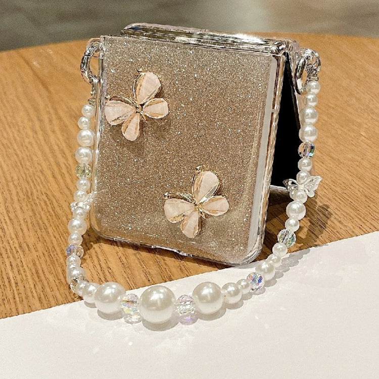 For OPPO Find N3 Flip Glitter Powder 3D Butterfly PC Side Buckle Full Coverage Shockproof Phone Case with Pearl Bracelet