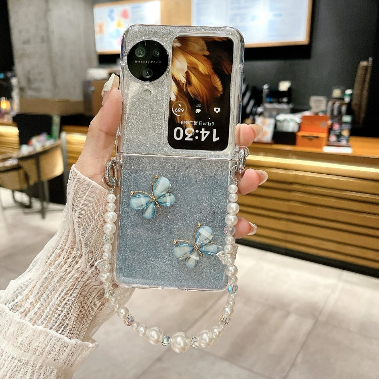 For OPPO Find N3 Flip Glitter Powder 3D Butterfly PC Side Buckle Full Coverage Shockproof Phone Case with Pearl Bracelet