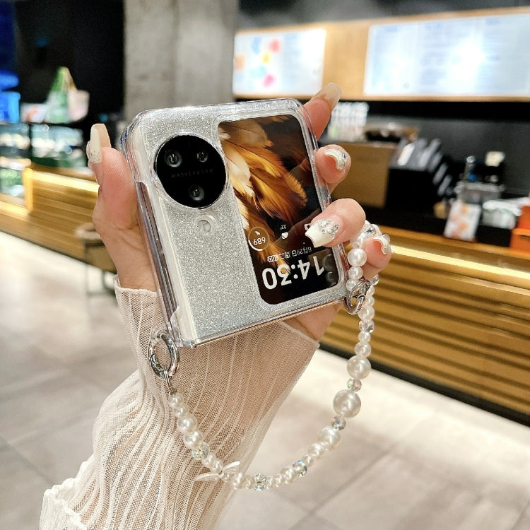 For OPPO Find N3 Flip Glitter Powder 3D Butterfly PC Side Buckle Full Coverage Shockproof Phone Case with Pearl Bracelet