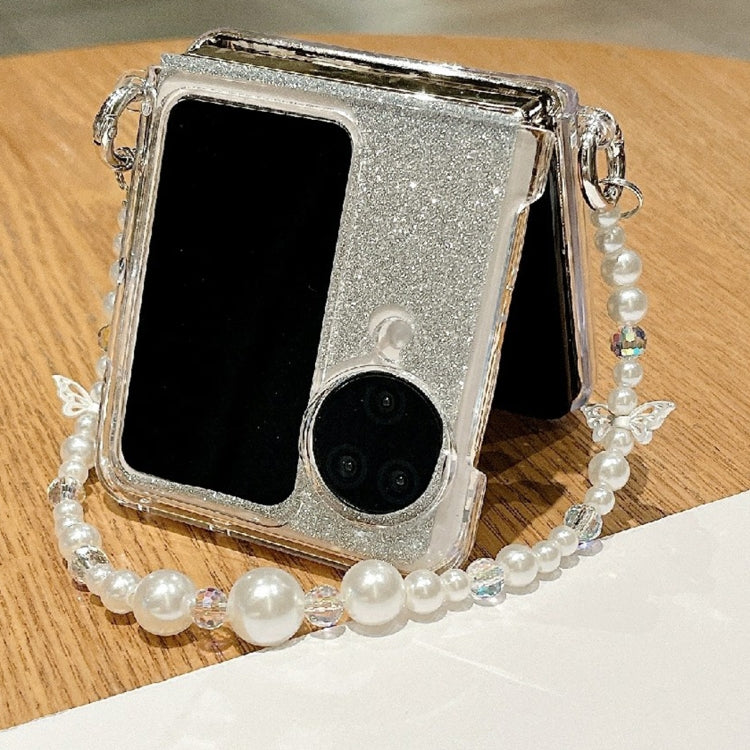 For OPPO Find N3 Flip Glitter Powder 3D Butterfly PC Side Buckle Full Coverage Shockproof Phone Case with Pearl Bracelet