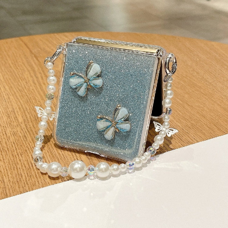 For OPPO Find N3 Flip Glitter Powder 3D Butterfly PC Side Buckle Full Coverage Shockproof Phone Case with Pearl Bracelet