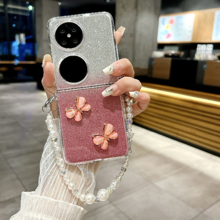For Huawei Pocket 2 Glitter Powder 3D Butterfly PC Side Buckle Full Coverage Shockproof Phone Case with Pearl Bracelet