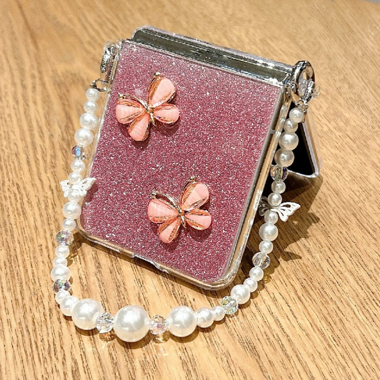 For Huawei Pocket 2 Glitter Powder 3D Butterfly PC Side Buckle Full Coverage Shockproof Phone Case with Pearl Bracelet