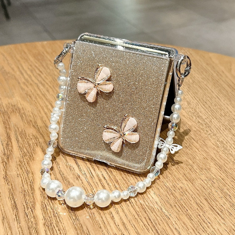For Huawei Pocket 2 Glitter Powder 3D Butterfly PC Side Buckle Full Coverage Shockproof Phone Case with Pearl Bracelet