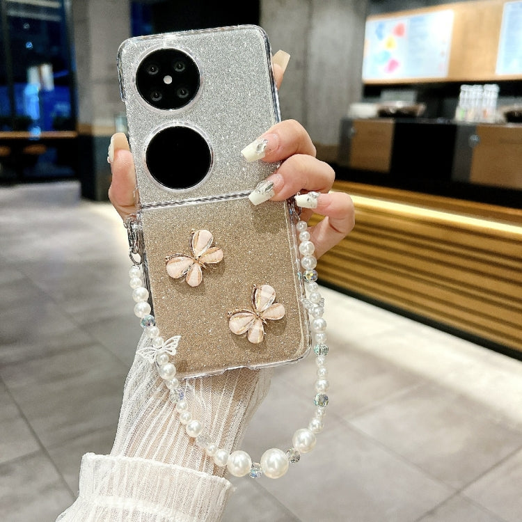 For Huawei P50 Pocket Glitter Powder 3D Butterfly PC Side Buckle Full Coverage Shockproof Phone Case with Pearl Bracelet