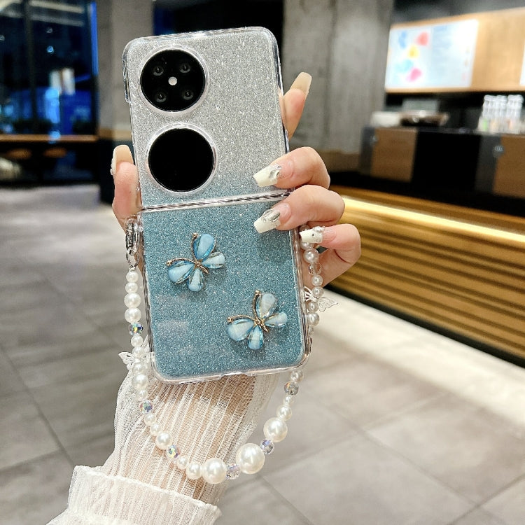 For Huawei P50 Pocket Glitter Powder 3D Butterfly PC Side Buckle Full Coverage Shockproof Phone Case with Pearl Bracelet