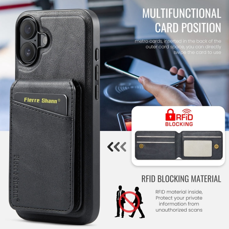 For iPhone 16 Fierre Shann Cowhide Vertical Flip Magnetic Card Holder Phone Case