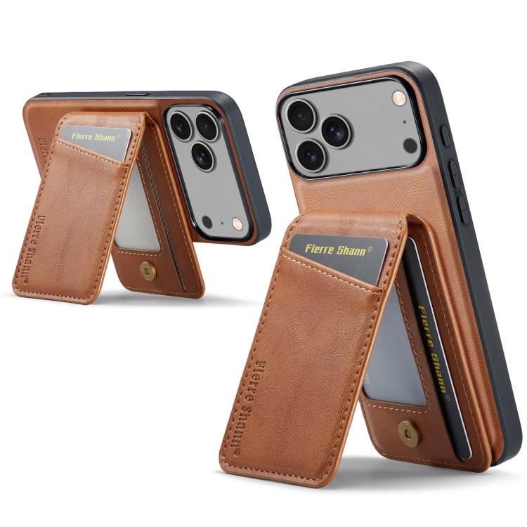 For iPhone 17 Pro Fierre Shann Cowhide Vertical Flip Magnetic Card Holder Phone Case