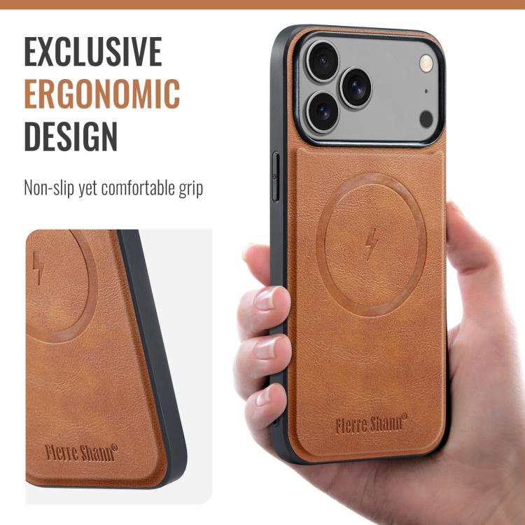 For iPhone 17 Pro Fierre Shann Cowhide Vertical Flip Magnetic Card Holder Phone Case