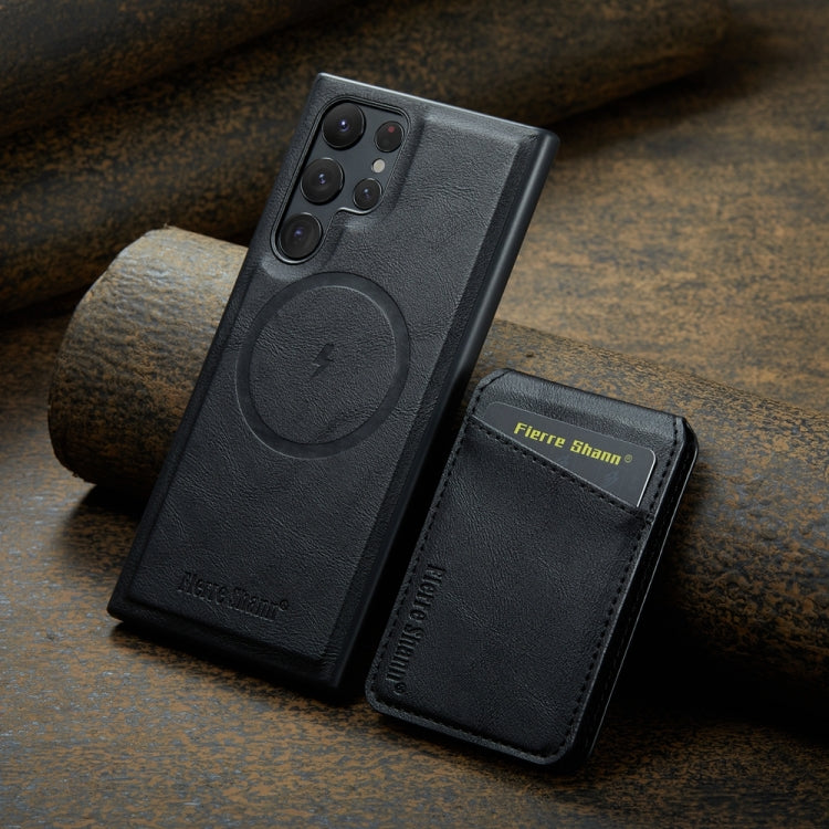 For Samsung Galaxy S23 Ultra 5G Fierre Shann Cowhide Vertical Flip Magnetic Card Holder Phone Case