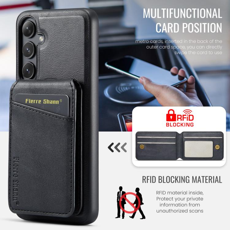 For Samsung Galaxy S25 5G Fierre Shann Cowhide Vertical Flip Magnetic Card Holder Phone Case