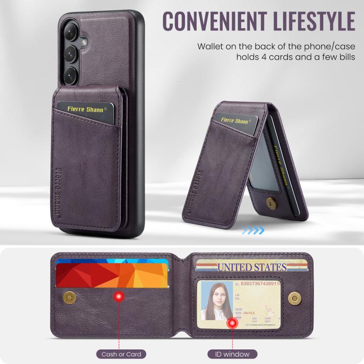 For Samsung Galaxy S25 5G Fierre Shann Cowhide Vertical Flip Magnetic Card Holder Phone Case