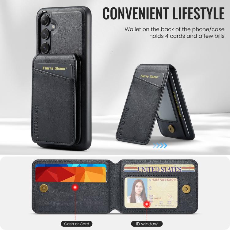 For Samsung Galaxy S24 FE 5G Fierre Shann Cowhide Vertical Flip Magnetic Card Holder Phone Case