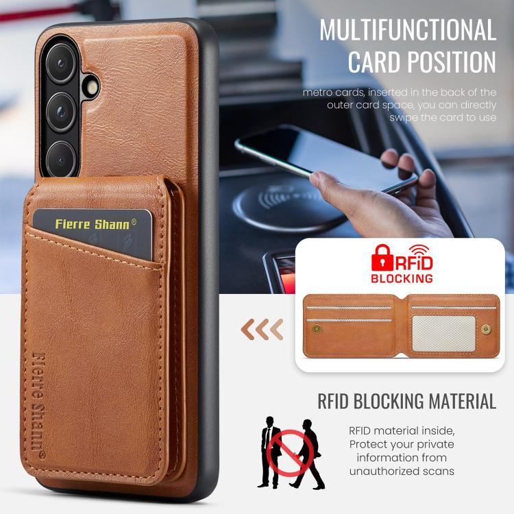 For Samsung Galaxy S26 5G Fierre Shann Cowhide Vertical Flip Magnetic Card Holder Phone Case