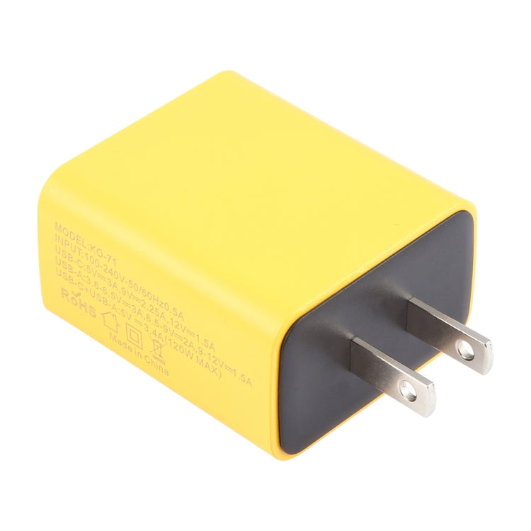 KO-71 120W Dual PD Type-C + Dual QC3.0 USB Multi Ports Charger, Plug:US Plug - Yellow