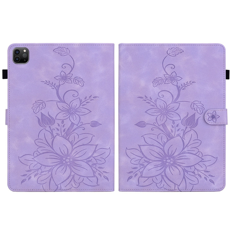 For iPad Pro 12.9 2022 / 2021 / 2020 Lily Embossed Leather Smart Tablet Case