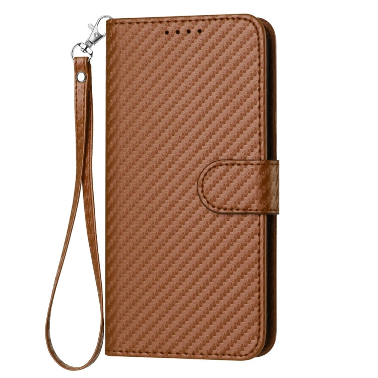 For iPhone 14 Plus YX0070 Carbon Fiber Buckle Leather Phone Case with Lanyard